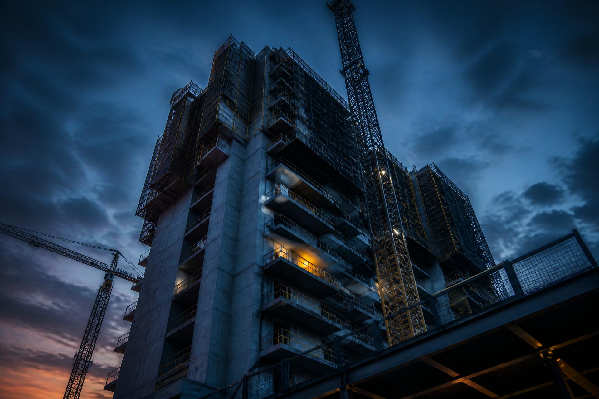 High-rise concrete building under construction at dusk with tower cranes